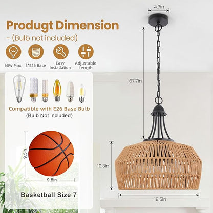 18.5'' Rattan Chandeliers for Dining Room, 5-Light Boho Pendant Light, Hand Woven Lampshade for Kitchen Island, Bedroom, Living Room, Height Adjustable