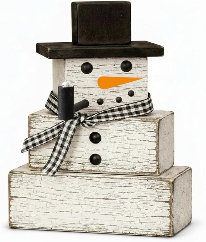 Geelin 4 Pcs Snowman Decor Winter Table Decorations Christmas Tiered Tray Decor Winter Centerpiece Decorations Indoor Rustic Wooden Snowman Block Sign Gift for Home Table Kitchen Shelf