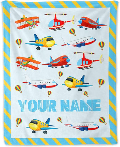 Custom Cute Throw Blanket for Adults - 60" x 80" Inches Airplane Throw Gifts for Boys - Blue Warm Cozy Aircraft Blanket for Bed, Couch, Travel