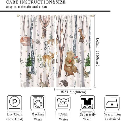 Rustic Forest Window Curtains Curtains, Woodland Animal Bear Deer Hedgehog Fox Forest Squirrel Watercolor Blackout Rod Pocket Window Treatments Drapes for Boys Girls Bedroom 63x63in