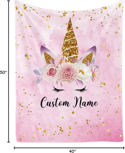Custom Horse Blanket with Name for Girl, Personalized Name Blanket for Kids, Soft Flannel Pink Toddler Blanket Customized Gift for Birthday Christmas Baby Shower Children Day 40x50in