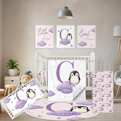 Custom Baby Bedding Set, 5 Pcs Personalized Baby Crib Sets with Name, Toddler Bedding Set for Baby Girl Boy, Purple Penguin Double Layer Nursery Bedding Set, Customized Gift for Infant Newborn