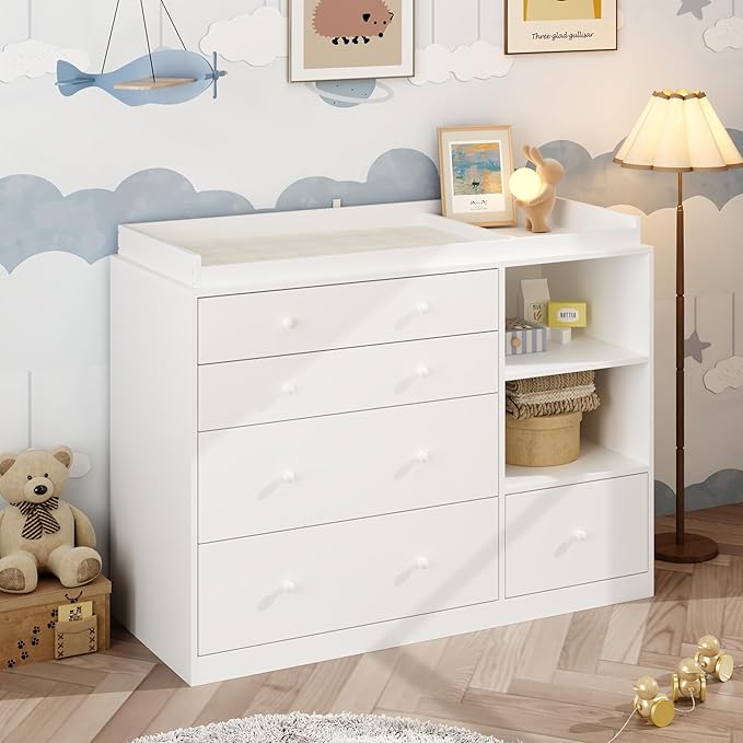 Nursery Dresser with Baby Changing Table, Diaper Changing Tables for Nursery with 5 Drawers & Shelves, Changing Station Nursery Organizer for Bedroom, White (47.6" W x 19.7" D x 36.1" H)
