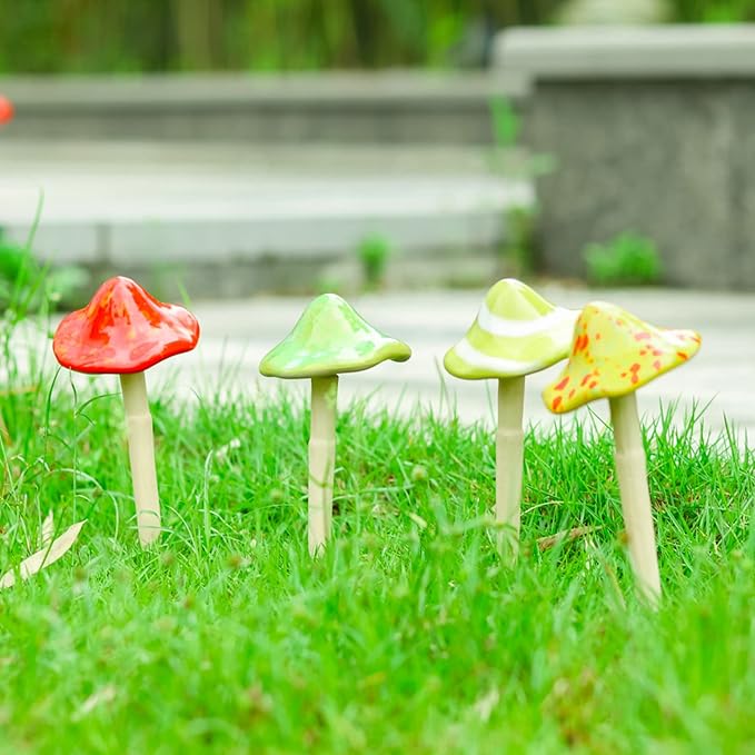 Ceramic Mushroom Garden Decor - 4pcs Ceramic Mushrooms for Garden, Mushroom Statue Decor, Fairy Garden Lawn Ornament Decor