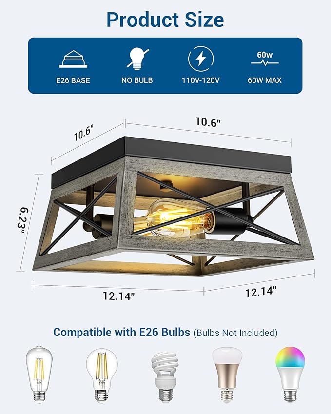 DEWENWILS Farmhouse Flush Mount Ceiling Light Fixture, 2-Light Close to Ceiling