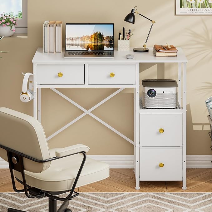 Small Computer Desk with 4 Fabric Drawers, Simple Writing Desk for Home Office, Compact Study Desks for Small Spaces, Kids Desk Study for Bedroom, White