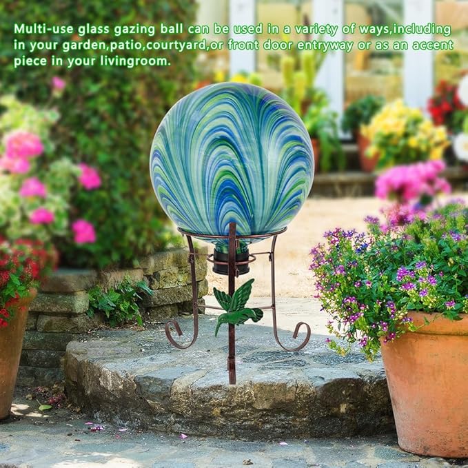 10" Diameter Gazing Ball with 8.5" Metal Stand Indoor Outdoor Glass Globe Sphere Festive Decor Yard Ornament Gazing Balls for Garden,Home,Lawn,Patio,Porch,Birthday Gift for Women(Green)