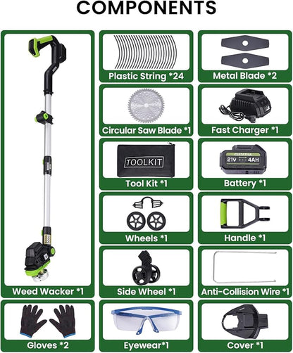 Electric Weed Wacker Cordless with Wheel, Brushless Grass Trimmer with 21V 4.0Ah Battery and Fast Charger, 3 Types of Blades String Trimmer, Weed Eater Battery Powered, Grass Cutter Machine