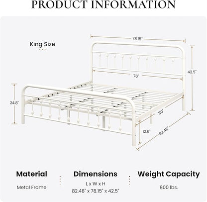 SHA CERLIN King Size Metal Platform Bed Frame with Victorian Style Iron-Art Headboard and Footboard, Easy Assembly, Under Bed Storage, No Box Spring Required, White