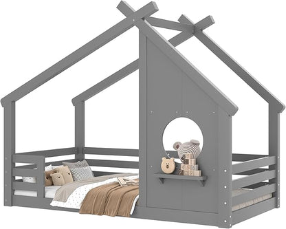 SOFTSEA Twin Size Floor House Bed with Roof, Solid Wood Montessori Bed Frame with Slats and Guardrails, Kids Playhouse Floor Bed for Boys Girls, No Spring Box Needed, Grey