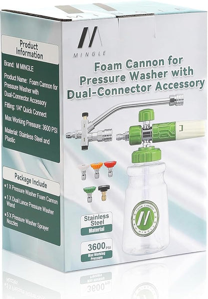 M MINGLE Foam Cannon for Pressure Washer with Dual-Connector Tool - Dual Lance Pressure Washer Wand for Adjustable Soap Cannon - M22 and 1/4" Quick Connect - 3600 PSI