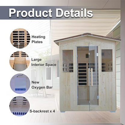 Outdoor Infrared Sauna 4 Person, Spruce Wooden Large Sauna 2600W 240V Heaters Panels With Lcd Display Control Multi Color Light Strip Bluetooth Speaker Oxygen Bar(59.06*47.24*81.89 inch Spruce)
