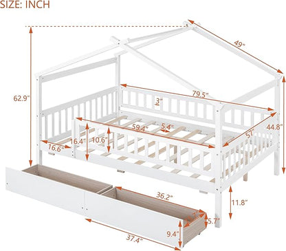 Full House Bed with 2 Storage Drawers, Kids Full Bed Frame with Rails and Roof, Tent Bed, Wooden Full Daybed, Full Montessori Bed for Kids Teens Girls & Boys, No Box Spring Needed (White)