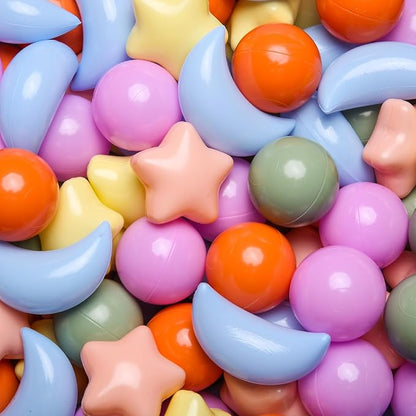 GOGOSO Ball Pit Balls Stars Moon Shapes Plastic Pitballs for Toddler Play Tent Baby Photo Props Kids Pool Water Toys Kiddie Pool Party Decor,Orange Green Blue,100pcs