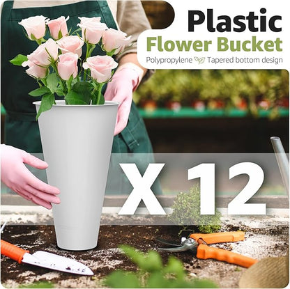 Flower Display Stand 3 Layers with 12 PCS Round Buckets, Plant Stand with Wheels, Movable Metal Plant Stand for Terrace Garden, Florist Shop