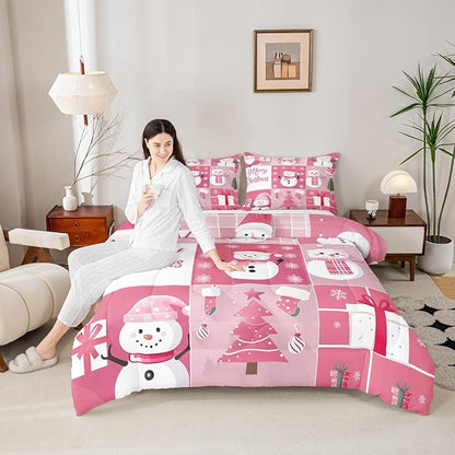 Xmas Comforter Set Queen Size,Snowman Christmas Tree Snowflake Bedding Set for Kids Boys Girls Room Decor,Pink Plaid Patchwork Duvet Insert 3Pcs,Merry Christmas Cartoon Quilt Set,2 Pillowcases