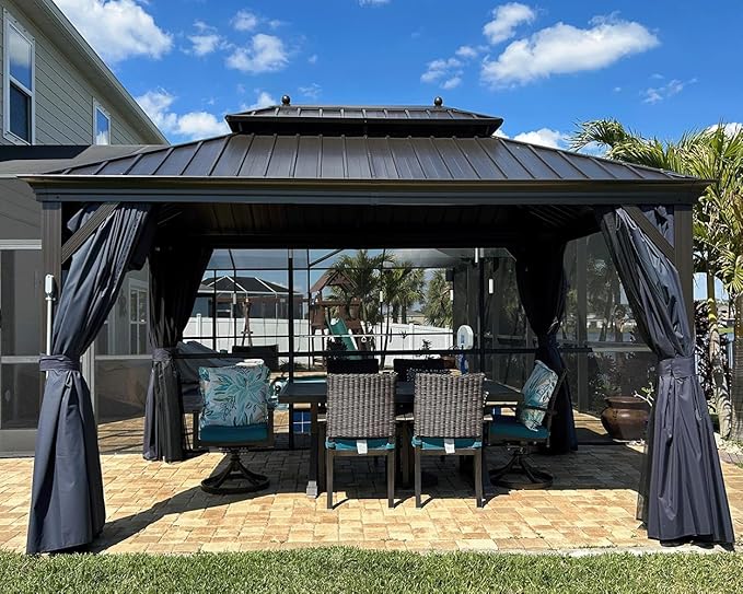 PURPLE LEAF 10' X 14' Permanent Hardtop Gazebo for Patio with Netting and Curtains Deck Backyard Heavy Duty Sunshade Metal Roof All Weather Outdoor Pavilion Canopy