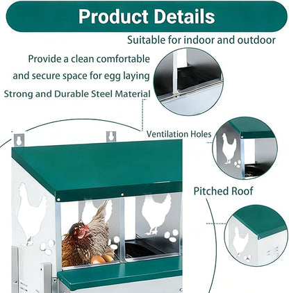 Chicken Nesting Box 8 Compartment with 10 Pet Moisture Pads and 4 Fake Eggs Roll Away Egg Collection, Perch, Lid Cover for Egg Protection - Wall Mount Nest Box for Chickens, Hens, Ducks