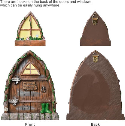 Resin Fairy Door and Window for Trees,Glow in The Dark,Miniature Fairy Garden Accessories,Garden Outdoor Decor for Trees,Gnomes House，Elf House