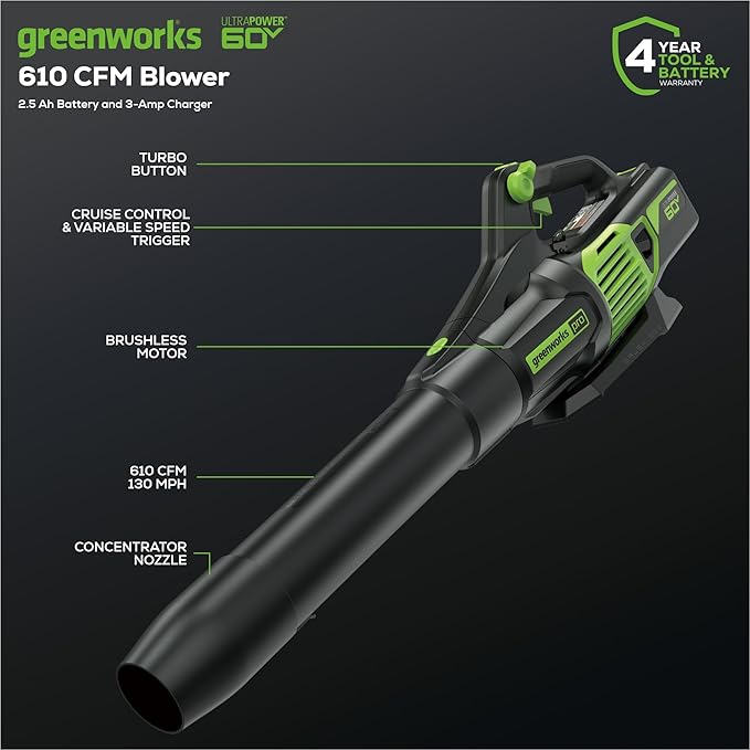 Greenworks 60V (610 CFM / 130 MPH) Cordless Leaf Blower, High Power, Lightweight & Quiet Operation for Wet Leaves, Driveways and Dense Gravel, Includes 2.5Ah Battery & 5A Rapid Charger