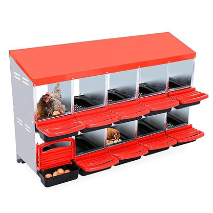 Garvee Chicken Nesting Boxes, 10 Hole Metal Chicken Laying Box with Removable Trays and Roll Out Egg Collection for Chicken Coop, Red