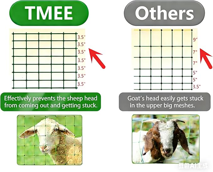 TMEE Electric Fence Netting Livestock Fencing for Goat with 14 Posts Double Spiked, Portable Mesh for Sheep, Deer, Hogs, Dogs in Backyards, Farms and Ranches, 49.6" H x 164' L, Green