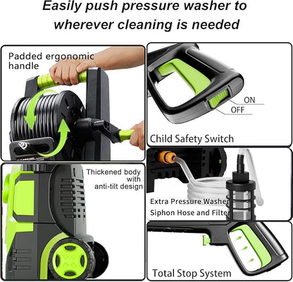 2025Upgraded Pressure Washer 5000PSI with Adj-8-Level Touch Screen, 34" Tall Power Washer, 4 Quick Connect Nozzles, Inlet Hose&Filter&500mlFoam Cannon for Cars/Fences/Driveways/Home Cleaning, Green