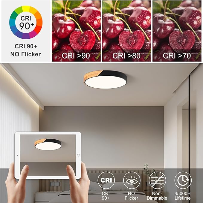 Vikaey Modern LED Ceiling Light, Minimalist Wood Flush Mount Ceiling Light