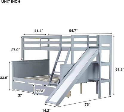 Twin Over Full Bunk Bed with 2 Drawers and Slide, Wood Bunk Bed Frame with Shelves and Ladder, Space Saving Design Bunk Bed for Kids Teens Boys Girls (Grey-x32c)