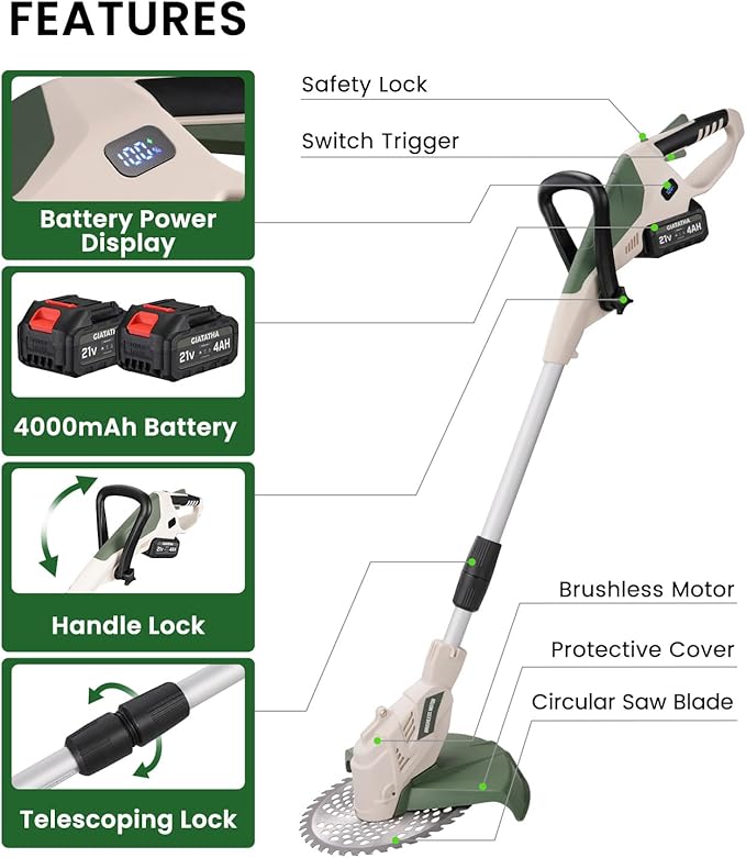 Electric Weed Wacker Cordless, Brushless Grass Trimmer with 2 21V 4.0Ah Batteries and Charger,4 Types of Blades String Trimmer, Weed Eater Battery Powered with Shoulder Strap, Lawn Edger Tool