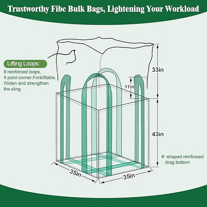 10 Pack 2 Ton FIBC Bulk Bag,35"L x 35"W x 43"H,4400lbs SWL,Woven Polypropylene Heavy Duty Bulk Bags,Duffle Top Flat Bottom for Industrial Agriculture Large-scale Storage Construction Debris