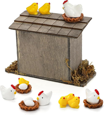 Nicunom 20Pcs Miniature Retro Wooden Chick Coop, Mini Family Chickens, Hen, Chick, Egg, Chicken Nest Ornament for Fairy Garden Accessories, Micro Landscape Lawn Decor