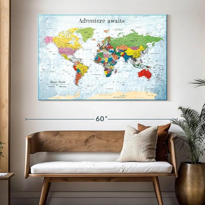 ElephantStock - Personalized Adventure Awaits IV Push Pin World Map Wall Art - Horizontal Canvas Wall Art - Living Room Wall Decor - Digital Art Map Canvas Art - Blue And Green Decor - 51" x 34"