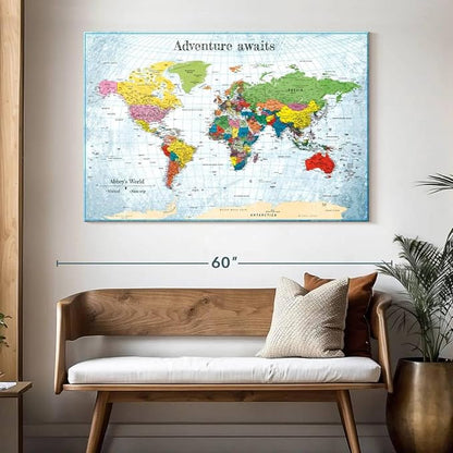 ElephantStock - Personalized Adventure Awaits IV Push Pin World Map Wall Art - Horizontal Canvas Wall Art - Living Room Wall Decor - Digital Art Map Canvas Art - Blue And Green Decor - 51" x 34"