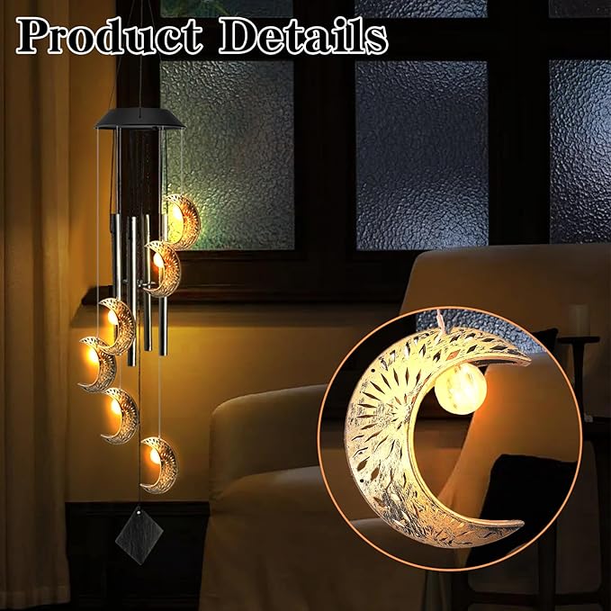 Solar Wind Chimes for Outside, Waterproof Hanging Moon Wind Chimes for Outside，