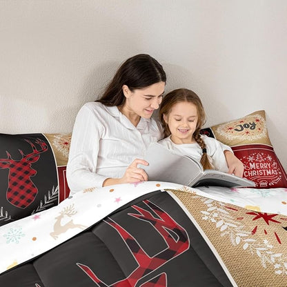 Deer Antler Kids Christmas Comforter Set King Size,Elk Plam Leaves Bedding,Girls Boys Adults Bedroom/Xmas Cabin Decor,Plank Lattice Vintage Down Comforter,Rustic Farmhouse Duvet Insert,2 Pillowcases