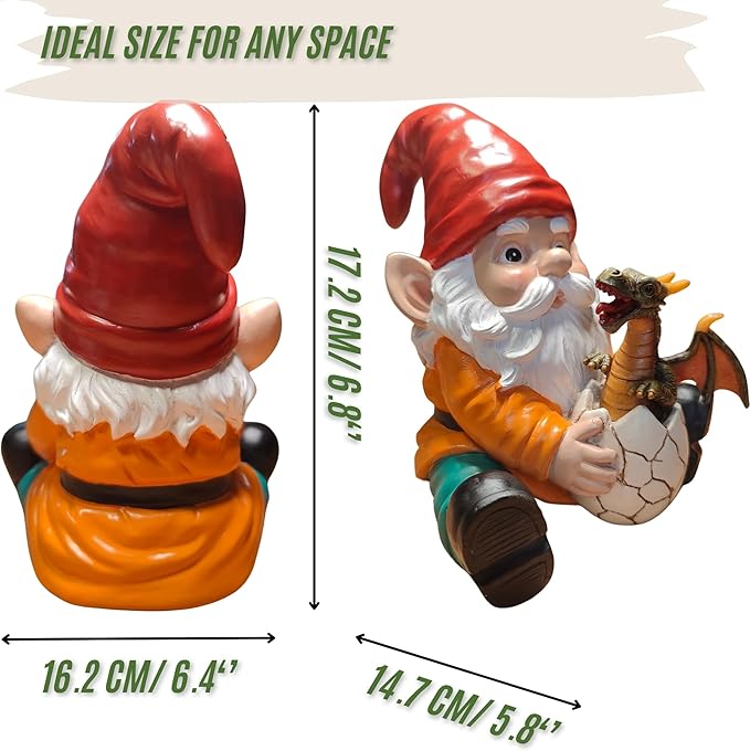 Fantasy Dragon Gnome Garden Statue - 6.8" Weatherproof Resin Garden Gnome with Baby Dragon, Unique Outdoor & Indoor Decor, Handcrafted Yard Art, for Fantasy Lovers & Gardeners