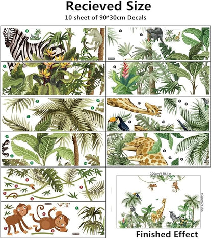 Large Size Tropical Palm Green Leaf Plant Animals Jungle Wall Decals For Kids Room Bedroom Cute Monkey Zebra Giraffe Big Vinyl Self-adhesive Wallpaper Peel and Stick Woodland Forest Kindergarten Decoration Sticker Removable DIY Nursery Mural