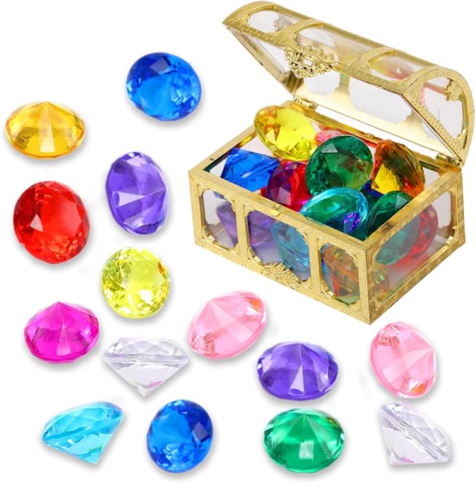 Diving gem Pool Toys Sand Toys,14 Color Diamond Treasure Chest Summer Swimming gems Pirate Diving Toy Set Underwater Swimming toyChildren's Game Gifts for Boys and Girls(Golden)