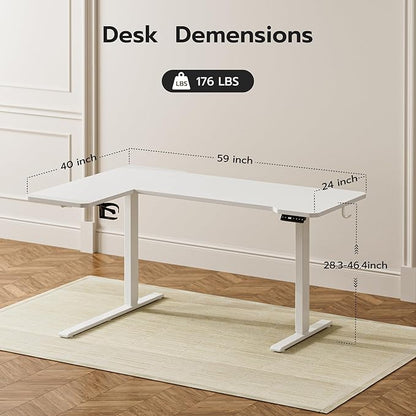 59 Inch L Shaped Standing Desk Adjustable Height, Electric Corner Standing Desk, Sit Stand Computer Table with Reversiable Splice Board,White