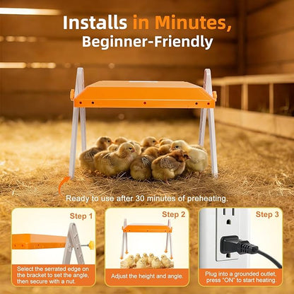 Chicken Coop Heater, Briidea 80W Chicken Heater with 110–130℉ Constant Heat, Energy-Efficient, Adjustable Height & Angle, 10 PET Cleaning Film, Mother-Hen-Like Comfort, 10" x 10" for 15 Small Poultry
