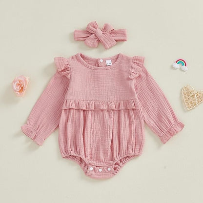Newborn Infant Baby Girl Clothes Cotton Linen Long Sleeve Smocked Bubble Romper Ruffle Bodysuit Jumpsuit Fall Outfit
