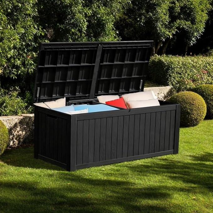 YITAHOME 150 Gallon Large Deck Box w/Divider, XL Waterproof Outdoor Storage for Patio Furniture,Outdoor Cushions, Garden Tools, Sports Equipment and Pool Supplies, Resin, Lockable, Black