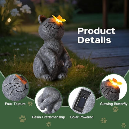 DyBaxa Solar Garden Décor, Garden Statues, Gifts for Women, Mom, Grandma, Patio, Balcony, Yard Decorations Outdoor - Unique Birthday & Housewarming Gifts, Cat Decor with Butterfly Light