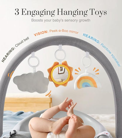 Wipe-Clean Baby Changing Pad, Waterproof Durable PU Pad, Soft & Non-Slip Safety Belt & Hanging Toys, Easy to Adjust & Removable Bar, Gray