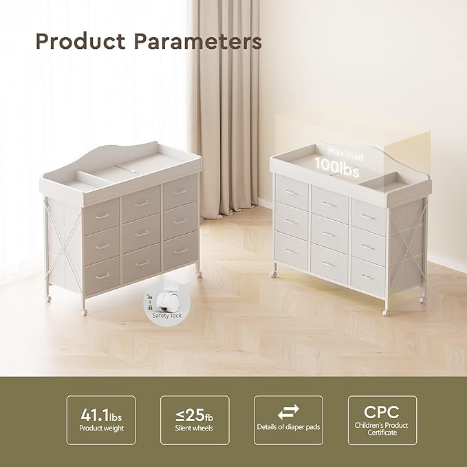 Baby Changing Table with 9 Fabric Drawers, Waterproof Diaper Changing Station & Pad, Mobile Nursery Diaper Changing Table, Baby Furniture, Bedroom, White