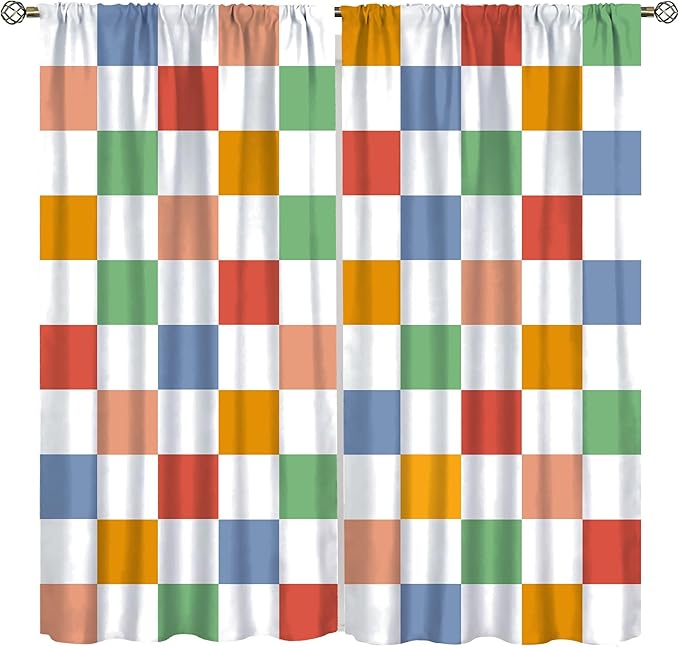 Retro Checkered Curtains,70s Vintage Twisted Checkered Window Drapes Colorful Groovy Trendy Wavy Hippie Grid Print Window Treatments for Kids Girls Bedroom Living Room Bathroom 84" W X 84" L
