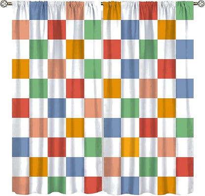 Retro Checkered Curtains,70s Vintage Twisted Checkered Window Drapes Colorful Groovy Trendy Wavy Hippie Grid Print Window Treatments for Kids Girls Bedroom Living Room Bathroom 84" W X 84" L