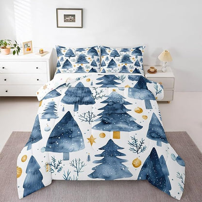 Feelyou Christmas Comforter Set All Season Xmas Tree Bedding Set with 2 Pillow Cases Watercolor Blue Microfiber Kids Full Bedclothes Snowflake Bedroom Decor Duvet Quilt Breathable Soft Lightweight
