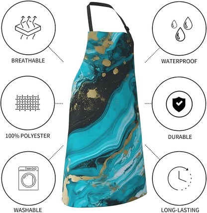 Aprons for Women with Pockets Waterproof Apron Adjustable Bib Turquoise Blue Gold Marble Apron Chef Apron